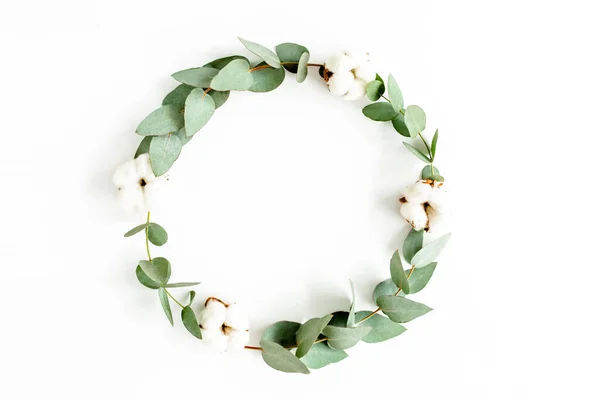 Wreath frame made of branches eucalyptus, leaves and cotton isolated on white background. flat lay, top view — Stock Photo, Image