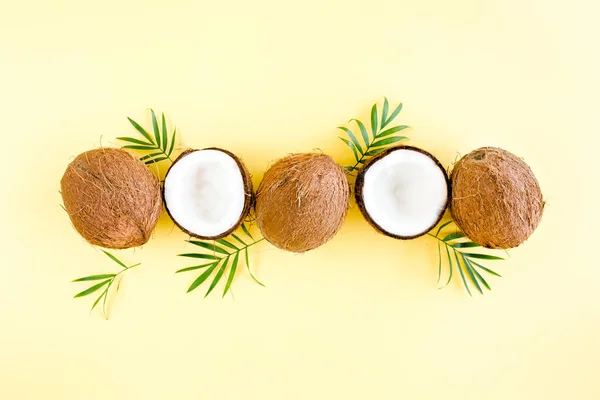 Modello con noci di cocco e foglie di palma tropicale su sfondo giallo. Sfondo tropicale astratto. Posa piatta, vista dall'alto. — Foto Stock