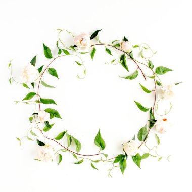 Beyaz arka planda yeşil dallardan, yapraklardan ve şakayıklardan yapılmış çelenk çerçevesi. Düz uzan, üst görünüm