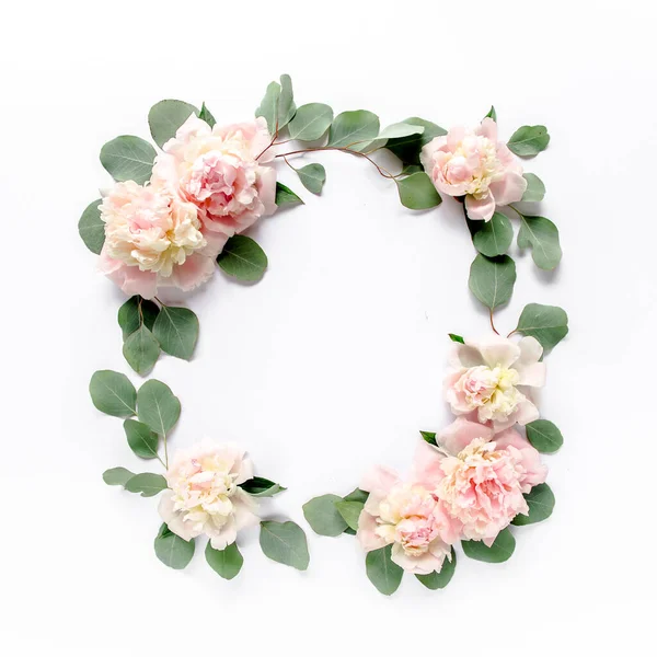 Λουλουδένιο στρογγυλό στεφάνι από ροζ και μπεζ μπουμπούκια λουλουδιών παιώνιες, κλαδιά ευκαλύπτου και φύλλα που απομονώνονται σε λευκό φόντο. Επίπεδο lay, πάνω όψη. — Φωτογραφία Αρχείου