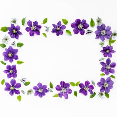 Mor çiçeklerden, yeşil yapraklardan ve beyaz arkaplanda dallardan oluşan metinler için alanı olan çiçek çerçevesi. Daire yatıyordu, manzarası iyiydi.. 