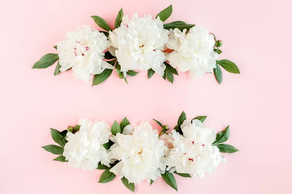 Frame of white peony flowers with space for text on pink background. Peony texture. Flat lay, top view.