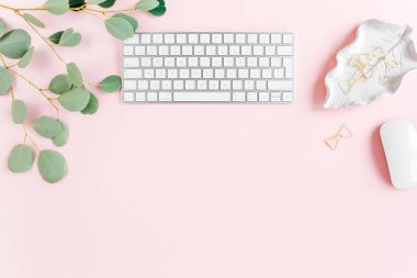 Bilgisayarlı ofis masası, yeşil yapraklı okaliptüs, dosya, altın aksesuarlar, günlük, gözlük. Dergiler, sosyal medya. Üst Manzara. Düz yatıyordu. 