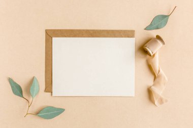 Sahte davetiye, boş tebrik kartı ve el işi zarfı, yeşil yapraklı okaliptüs. Düz yatış, üst görünüm.