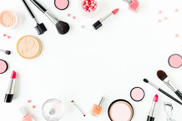 Professional decorative cosmetics, makeup tools on white background with copy space for text. Flat composition beauty, fashion. flat lay, top view — Stock Photo, Image