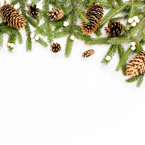Новорічна композиція з ялиновими гілками, сосновими шишками на білому тлі. Плоский прошарок, вид зверху — стокове фото