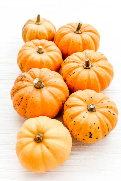 Zucche arancioni Halloween isolato su sfondo bianco. Posa piatta, vista dall'alto. Autunno concetto minimo. — Foto Stock
