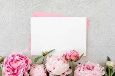 Sahte davetiye, boş kağıt tebrik kartı, pembe zarf ve gri taş masada şakayıklar. Çiçek arkaplanı. Düz yatış, üst görünüm.