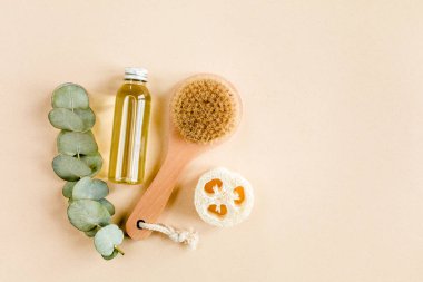 Spa tedavisi konsepti. Doğal, organik kaplıca ürünleri okaliptüs yağı, deniz tuzu, masaj fırçası, okaliptüs yaprağı özü. Spa arkaplanı