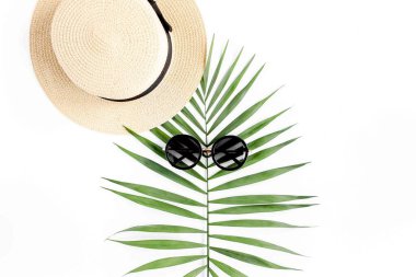 Beyaz arka planda güneş gözlüklü tropik hipster yaprağı. Düz döşeme, üst görünüm