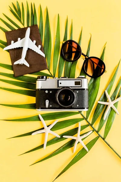 Концепция аксессуаров для путешественников на желтом фоне. Ретро-камера, модель самолета, солнцезащитные очки, паспорт и тропический пальмовый лист. Летний фон. — стоковое фото