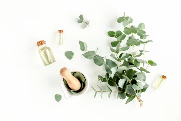 Botella de aceite esencial de eucalipto, hojas de eucalipto sobre fondo blanco. Productos cosméticos orgánicos naturales. Piso tendido, vista superior. —  Fotos de Stock