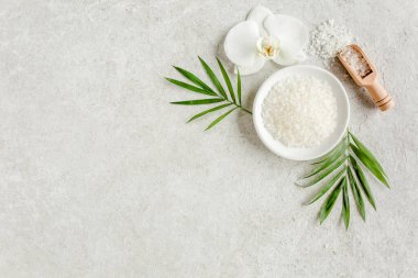 Spa cildi konsepti. Doğal organik spa ürünleri, deniz tuzu ve tropik palmiye yaprakları yukarıdaki gri mermer masada. Spa arka planda, düz yerde.