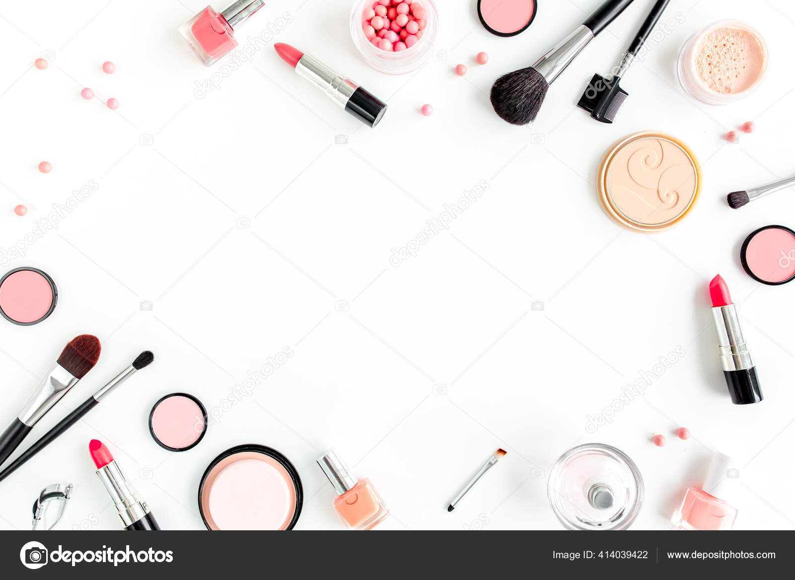 Professional decorative cosmetics, makeup tools brushes on white  background. Flat composition beauty, fashion. magazines, social. flat lay,  top view Stock Photo by ©K.Decor 414039422