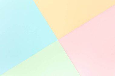 Arka plan pastel renkleri: pembe, sarı, mavi, yeşil. Geometrik şablon kağıtları. Minimum konsept. Düz yatış, Üst Görünüm. 