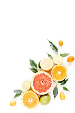 Yazın tropikal meyvelerden oluşan yaratıcı bir düzen: greyfurt, portakal, limon, kireç ve yapraklar incir. Yemek konsepti. düz yatış, üst görünüm