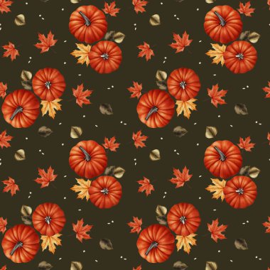 Koyu arkaplanda turuncu balkabakları ve akçaağaç yapraklarıyla kusursuz sonbahar deseni. Tekstil, ambalaj, tebrik kartları, hatıra defteri ve Cadılar Bayramı ve Şükran Günü için bayram dekorasyonu için..