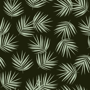 Arka planda palmiye yaprakları olan kusursuz tropikal desenler. Sakin yeşil tonlarda minimal botanik baskısı. Tekstil, ambalaj, duvar kağıdı, ambalaj kağıdı ve dekoratif projeler için elverişli.