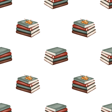 Siyah bir arka planda akçaağaç yaprağı ile süslenmiş düzgün dizilmiş kitaplarla sonbahar deseni. Tekstil, ambalaj, kapak ve rahat dekor için mükemmel..