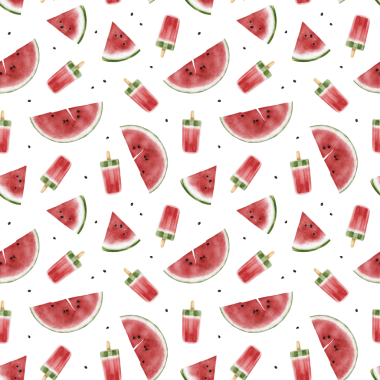 Karpuz dilimleri ve dondurmayla kusursuz desen. Parlak yaz meyve tasarımı cesur kumaş, parti dekorasyonu, dijital kağıt ve ambalaj için mükemmel