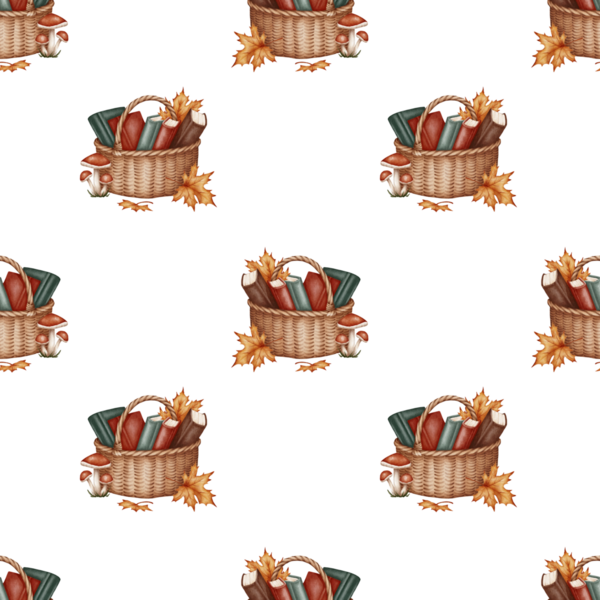 Sonbahar sepetleri kitaplar, yapraklar ve mantarlarla dolu suluboya desenleri. Tekstil, ambalaj, hatıra defteri, duvar kağıtları, tebrik kartları ve diğer sonbahar temalı tasarımlar için mükemmel..