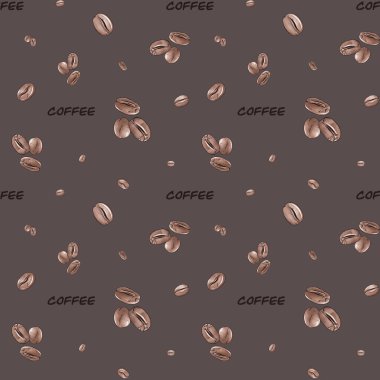 Seamless pattern with coffee beans and the word Coffee. Design for packaging, fabrics, wallpapers, and kitchen accessories.