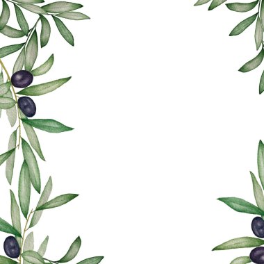 Watercolor frame with olive branches and ripe black olives. Natural and elegant design with transparent center for text. Perfect for invitations, wedding stationery, menus, packaging, and posters.