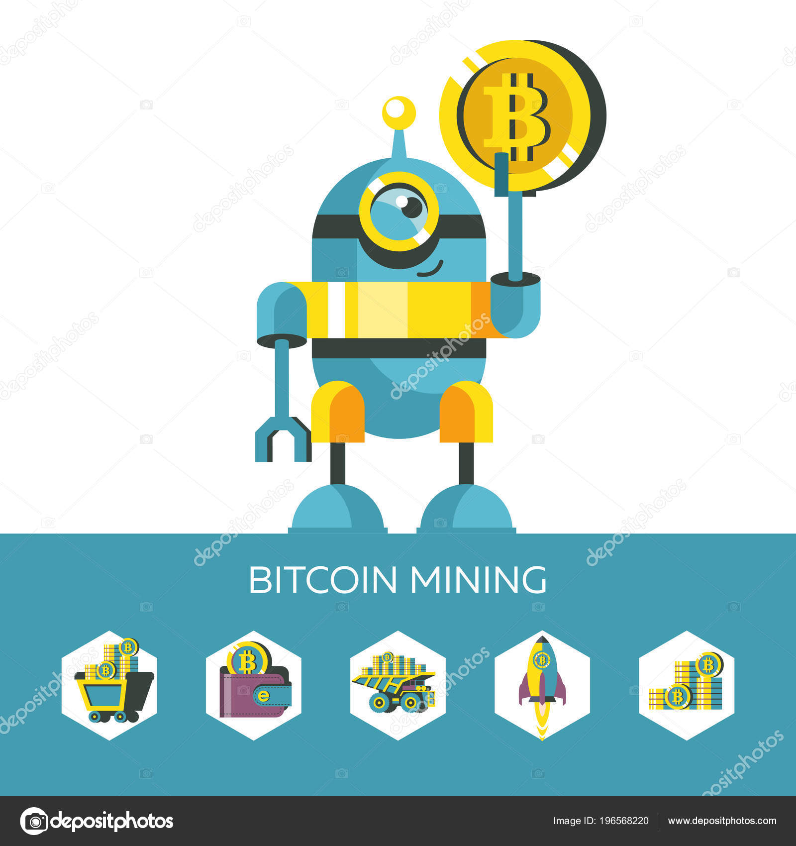 Bitcoin Mining Vector Illustration Bitcoin Icon Set Cute Robot - 