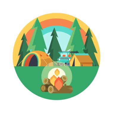 Kamp. Vektör amblemi. Yaz tatili bir çadırda niteliğine.