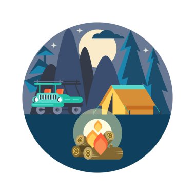 Kamp. Vektör amblemi. Yaz tatili niteliğine bir çadırda. Gece kamp.