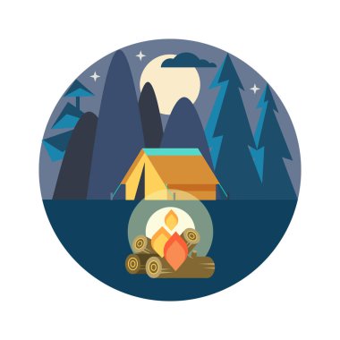 Kamp. Vektör amblemi. Yaz tatili niteliğine bir çadırda. Gece kamp.