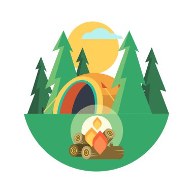 Kamp. Vektör amblemi. Yaz tatili bir çadırda niteliğine.