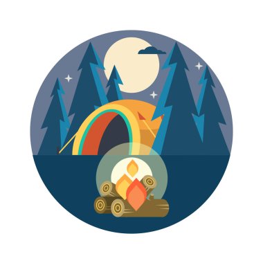 Kamp. Vektör amblemi. Yaz tatili niteliğine bir çadırda. Gece kamp.