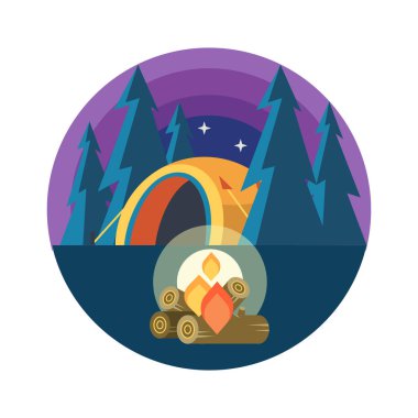 Kamp. Vektör amblemi. Yaz tatili niteliğine bir çadırda. Gece kamp.