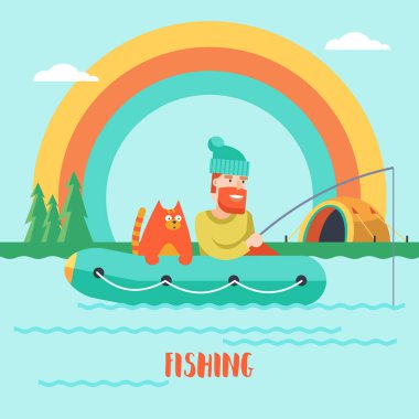 Gölde bir arkadaşımla Balık tutma. Balıkçı ve olta balıkçılığı bir lastik botla kedi. Çadır Dağları'nın eteklerinde göl kenarında. Gökkuşağının altında göl kıyısında çadır. Vektör çizim.