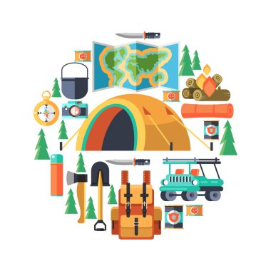 Kamp. Açık rekreasyon çadırda. Araçlar ve aksesuarlar, açık rekreasyon büyük kümesi. Vektörel clipart.