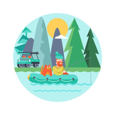 Kamp. Yaz açık rekreasyon çadırda. Balıkçı bir lastik botla kediyle. Bir çadır kampı ve bir yangın. Vektör çizim, amblemi.