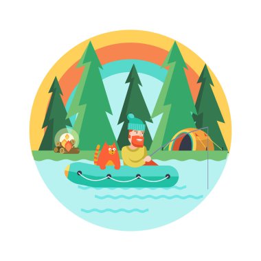 Kamp. Yaz açık rekreasyon çadırda. Balıkçı bir lastik botla kediyle. Bir çadır kampı ve bir yangın. Vektör çizim, amblemi.