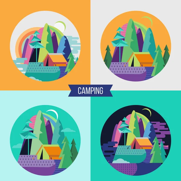 Camping. Summer outdoor recreation in the tent. Night landscape. Day landscape. A tent camp and a fire. Vector illustration, emblem.