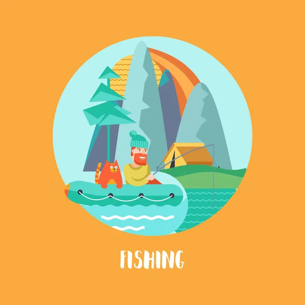 Camping. Summer outdoor recreation in the tent.  Fisherman with a cat in a rubber boat.  Tent camp. Vector illustration, emblem.
