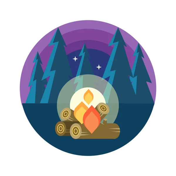 Camping. Summer outdoor recreation.  Night landscape and fire. Vector illustration.