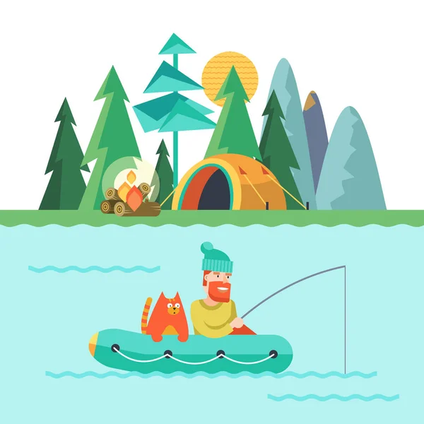 Camping. Summer outdoor recreation in the tent.  Fisherman with a cat in a rubber boat.  A tent camp and a fire. Vector illustration, emblem.