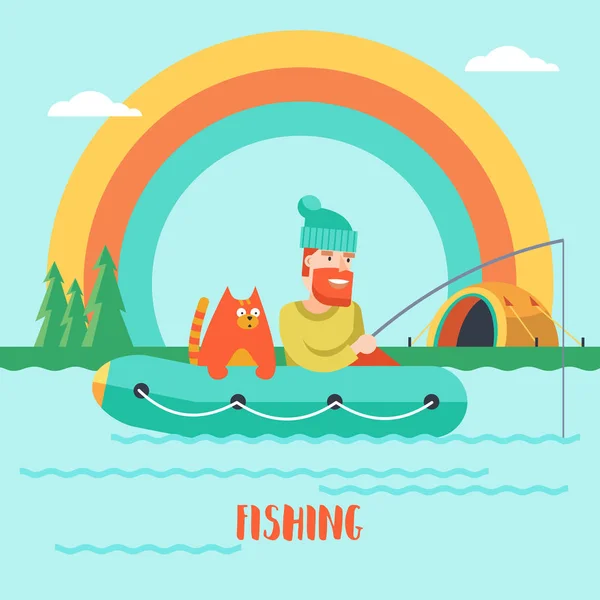 Fishing Lake Friend Fisherman Cat Rubber Boat Angling Tent Lake — Stock Vector