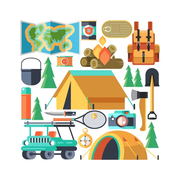 Camping. Outdoor recreation in the tent.  Large set of tools and accessories for outdoor recreation. Vector clipart.