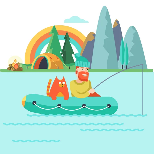 Camping. Summer outdoor recreation in the tent.  Fisherman with a cat in a rubber boat.  A tent camp and a fire. Vector illustration, emblem.