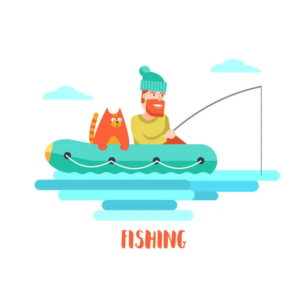 Pêche Sur Lac Avec Ami Pêcheur Chat Dans Bateau Caoutchouc — Image vectorielle