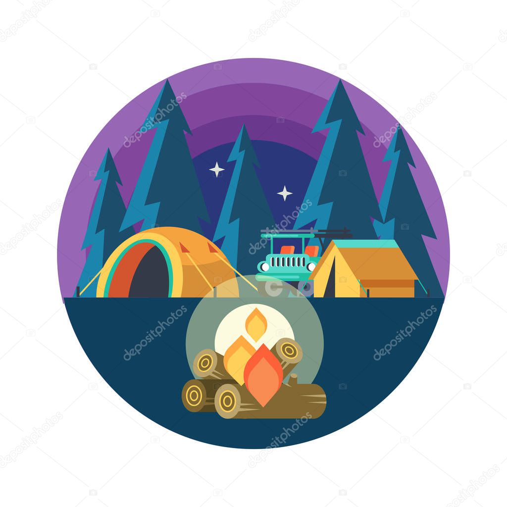 Camping. Summer outdoor recreation in the tent. Night landscape. A tent camp and a fire. Vector illustration, emblem.