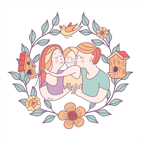 Happy family. Vector illustration for the international family day. Happy parents and their children. Framed with flowers and branches. Flowers, birds, birdhouse.