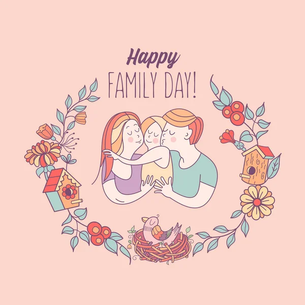 幸福的家庭 国际家庭日的矢量插图 幸福的父母和他们的孩子 镶着花和树枝 — 图库矢量图片