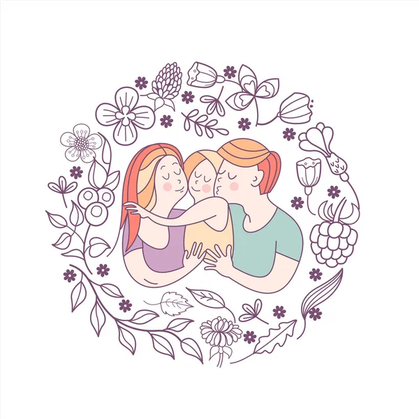 Happy family. Vector illustration for the international family day. Happy parents and their children. Framed by a floral wreath.